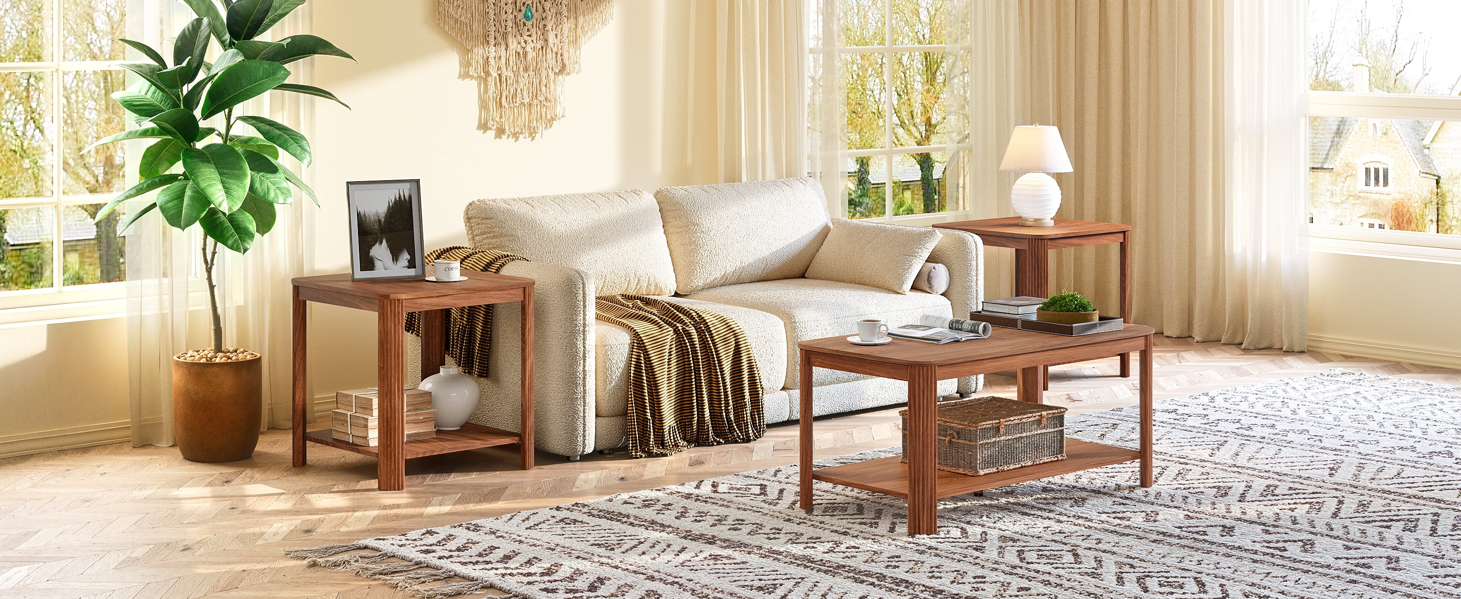 2-Tier Coffee Table with Storage Shelf, Vertical Wave Grain Legs, Walnut Finish, Modern Minimalist Rectangle Accent Table for Living Room & Bedroom, 39.4" L x 20" W x 17.7" H.