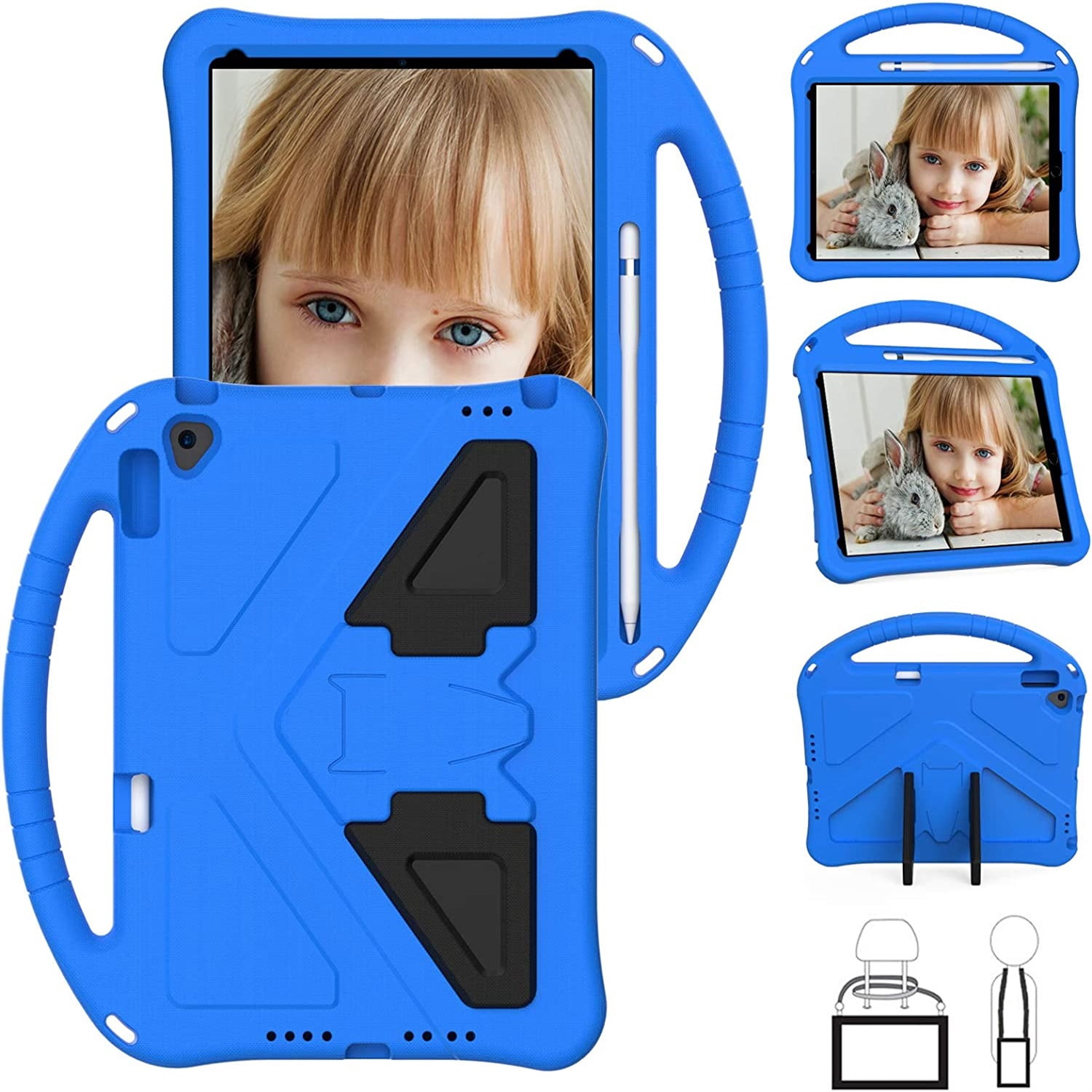 SaniMore Kids Case for iPad 10.2 2021/2020/2019, iPad 9th/8th/7th Generation Case with Pencil Holder & Screen Protector, Shock Proof Light Weight Convertible Handle Stand Kids Shell Case, Blue