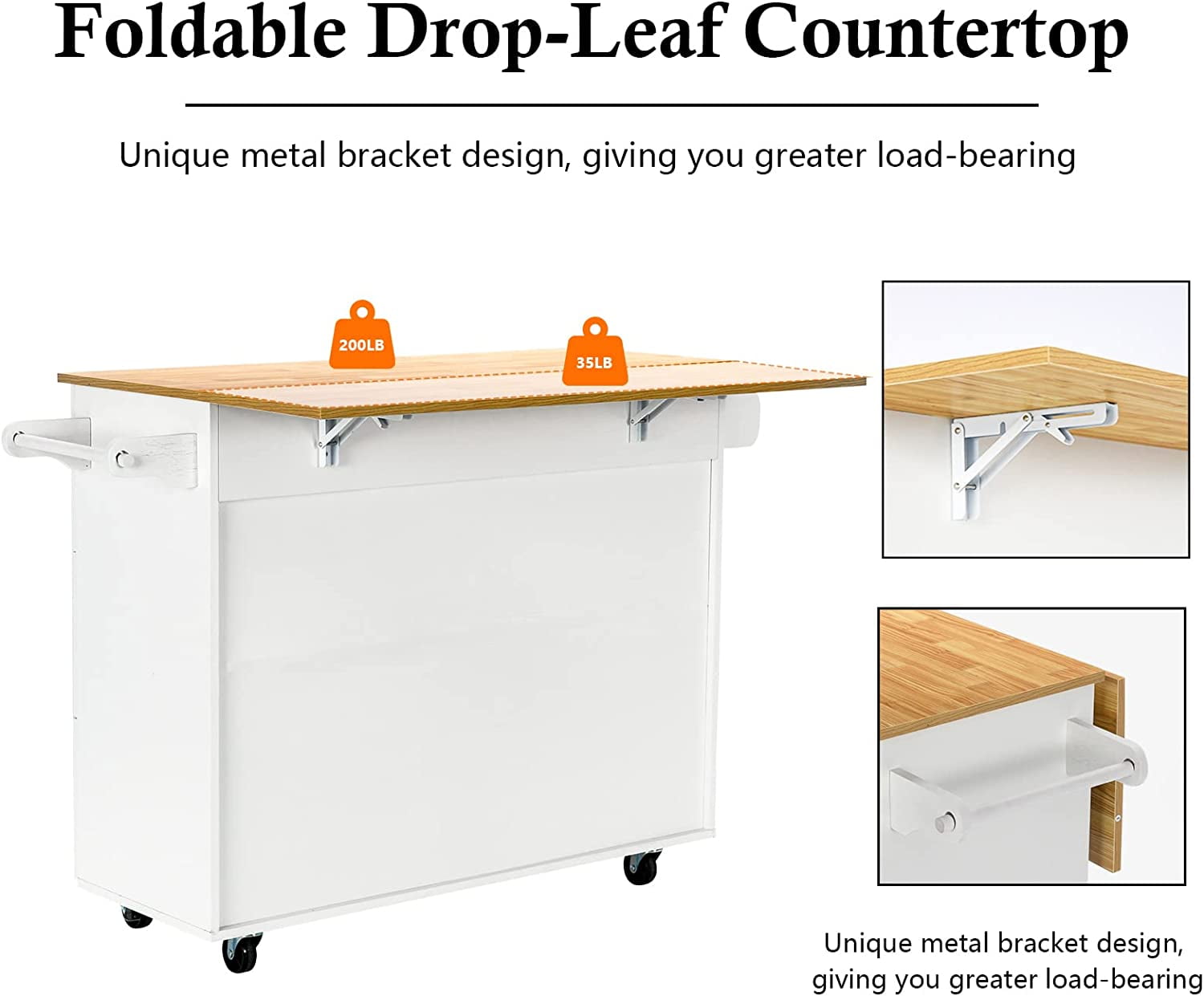 DreamCurship Kitchen Island on Wheels, Drop Leaf Kitchen Island Cart with Storage, Wood Countertop, Lockable Casters, White