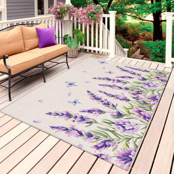Botanical Lavender Floral Outdoor Rug 4x6 Ft, Non Slip Washable Area Rug, Purple Flowers Butterfly Beige Patio Rugs Carpet Runner, Large Floor Mat for Indoor/Outdoor Deck Porch Camping