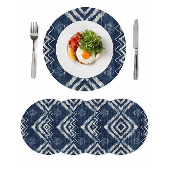 Navy Blue Round 13 Inch Placemats Set of 4, Vintage Tribal Abstract Geometric Tie Dye Art HeatResistant Non Slip Place Mats for Dining Table, Wipeable Braided Kitchen Table Mats for Housewarming