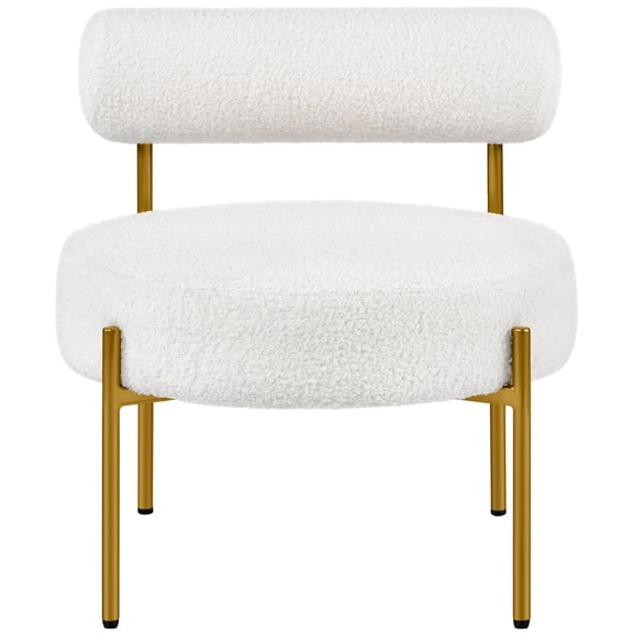 Boucle Vanity Chair,Modern Accent Chair with Gold Metal Legs,Comfy Round Armless Chair for Living Room,Bedroom,Makeup Room,White