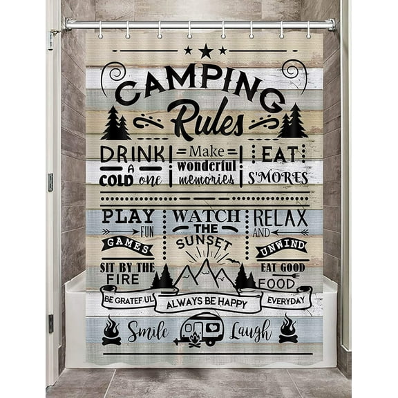 Camper RV Shower Curtain for Travel Trailer, Farmhouse Camping Rules Quote Small Narrow Shorter Fabric Shower Curtains Set, Happy Camp Outdoor Decor Bathroom Accessories with Hooks 47X64 Inches