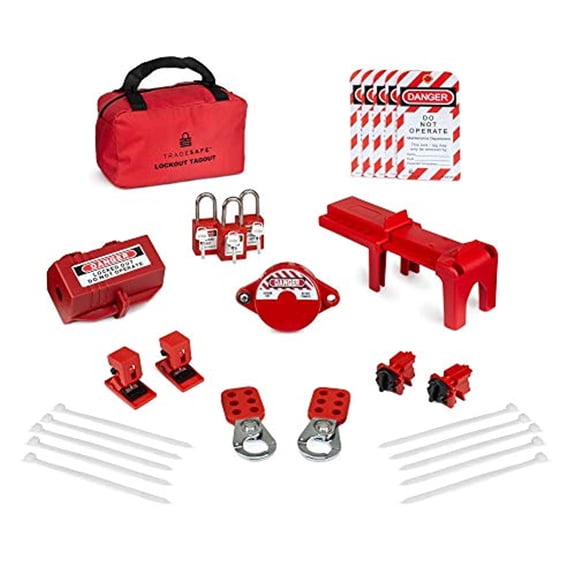 TRADESAFE Lockout Tagout Kit with Loto Locks for Gate Valves Ball Valves Electric Plugs Electrical Circuit Breaker Includes Red Padlocks Hasps Safety Lock Out Tags 1 Key Per Lock