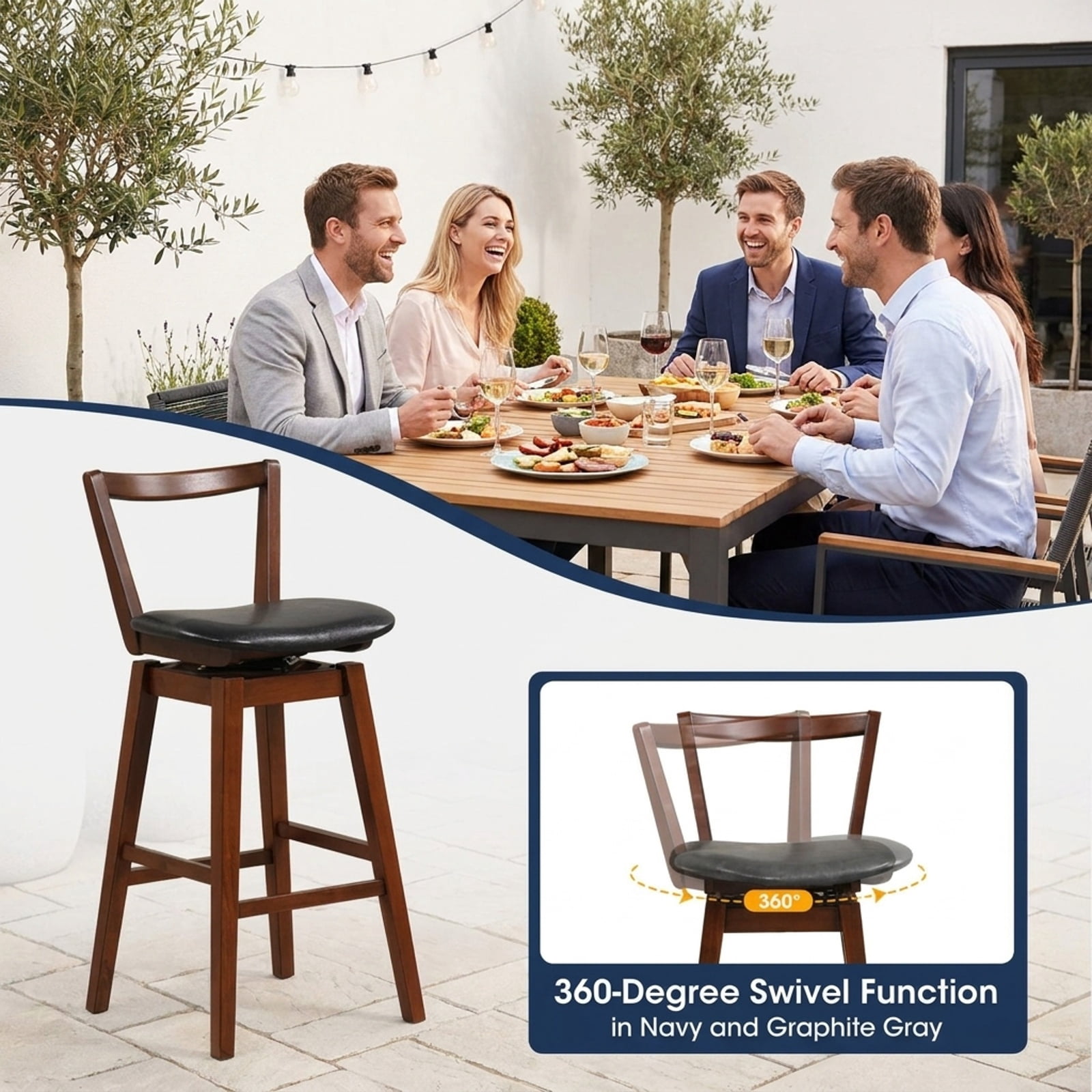 Furnibear Swivel Upholstered PU Leather Stool with Backrest and Cushioned Seat-30.5 inches for Kitchen Island Counter Bar Pub Dining Home, Walnut and