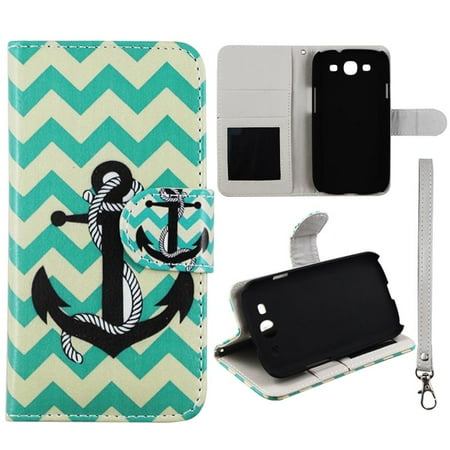 Samsung Galaxy S3 Iii I9300 Aqua Chevron Anchor Wallet Folio Case for Samsung Galaxy S3 III i9300 Fashion Flip PU Leather Cover Card Slots & Stand ()