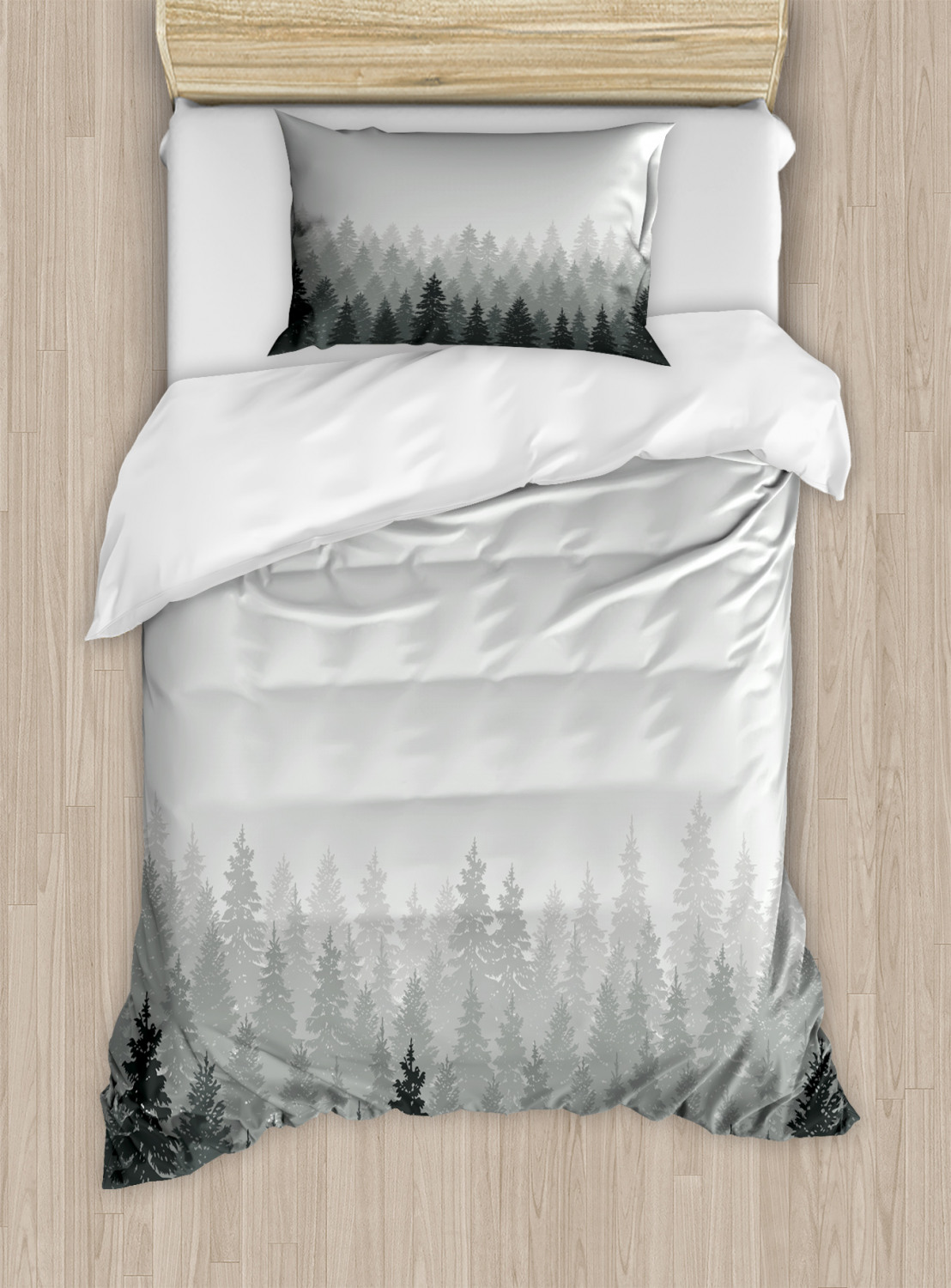Forest Duvet Cover Set, Wilderness Pattern with Many Trees Nature Panorama Monochrome Woods