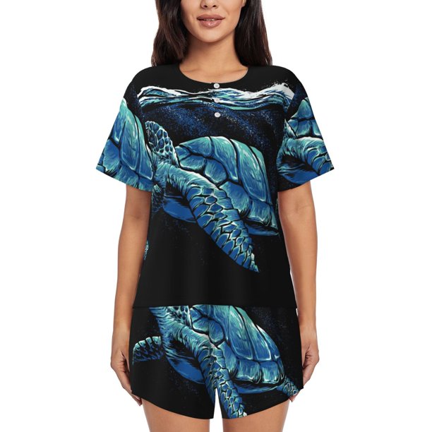 Fotbe Ocean Turtle Conjunto de Pijama Estampado para Mujer, 2 Piezas, Ropa de Dormir con Camiseta de Manga Corta y Shorts Suaves-XX-Large