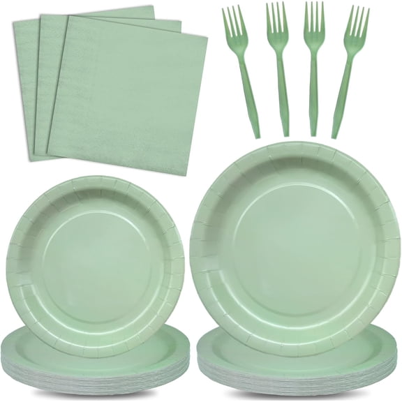Sage Green Tableware Party Supplies - Elegant Light Green Disposable Dinnerware Set with Paper Plates, Napkins, and Forks for Parties