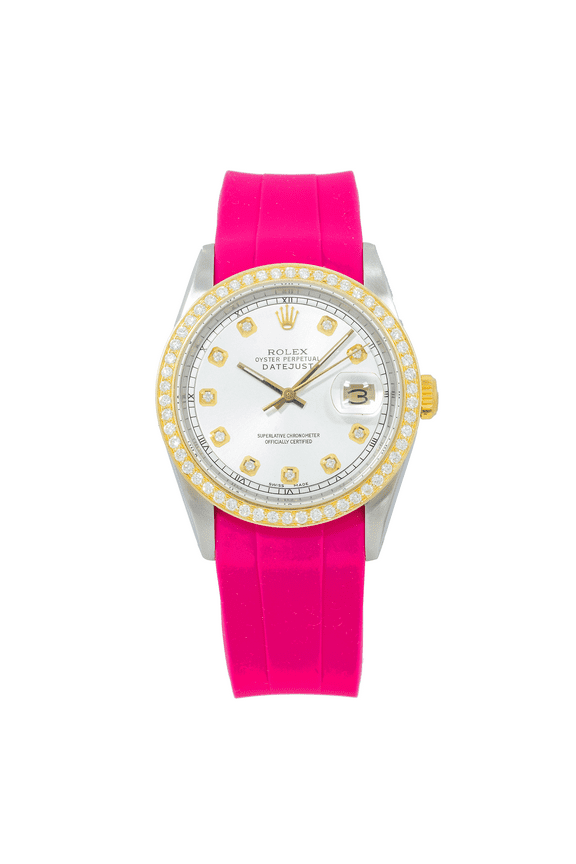 Pre-Owned Rolex Datejust 36MM 16233 White Diamond Dial Diamond Bezel Magenta Rubber Strap