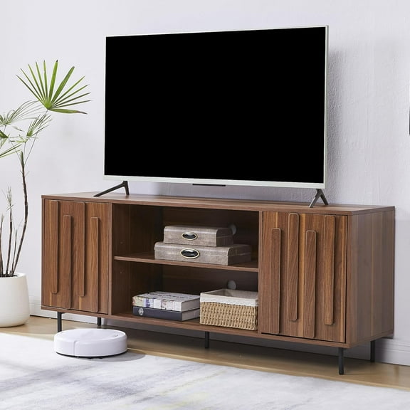 TV Stand for 65" 60" TVs, Mid-Century Modern TV Stands for Living Room, Fluted Entertainment Center with Storage Cabinet & Open Shelf, Wood TV Console Media Cabinet, Walnut