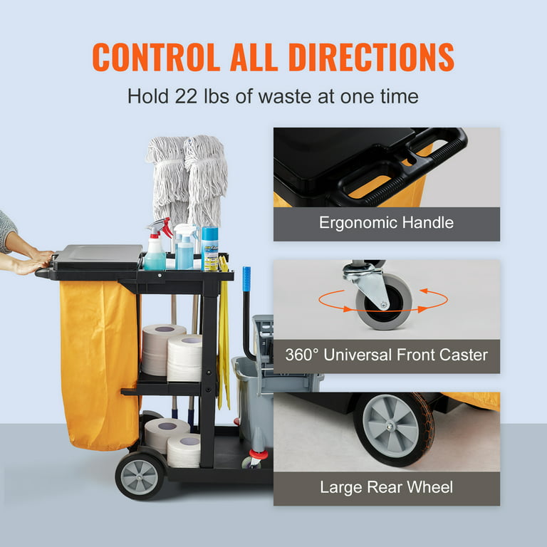 Janitorial Trolley Cleaning Cart with PVC Bag Cleaning Cart 3-Shelf for  Offices, Hotels, Airports