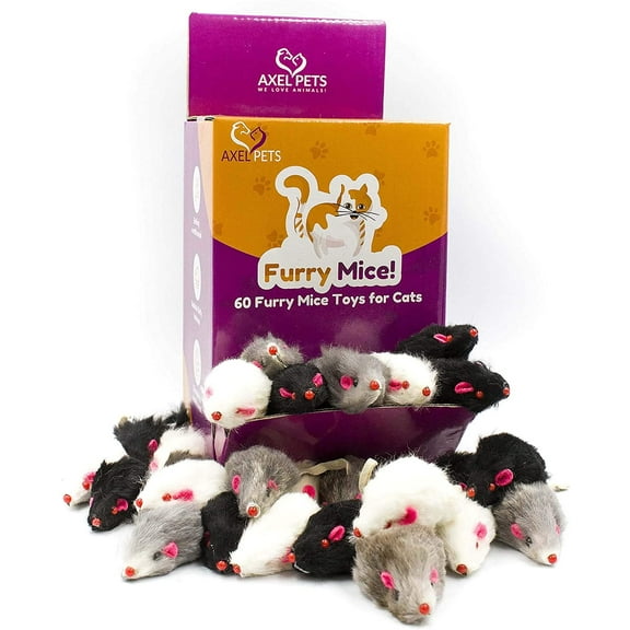 AXEL PETS 60 Furry Mice with Catnip and Rattle Sound Interactive Catch Play Mouse Toy for Cat, Box of 60 Mice