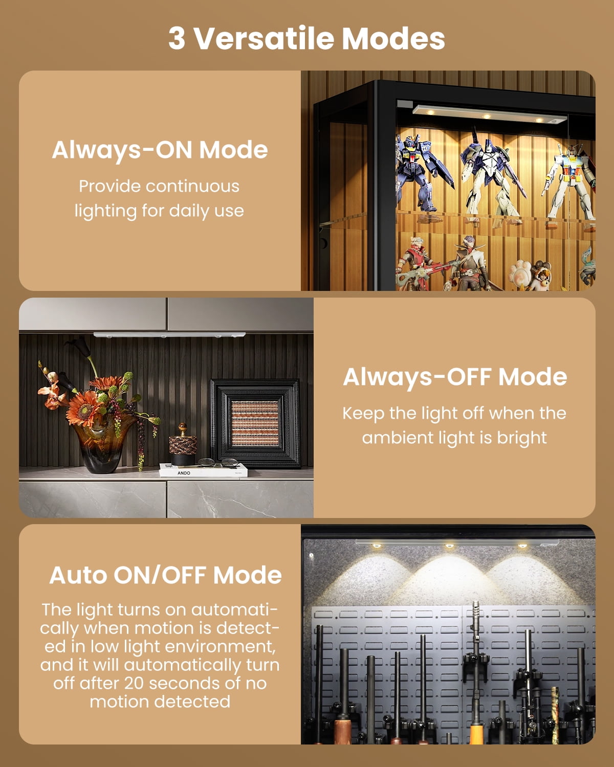 SUNLINKCO 16 Inch Motion Sensor Under Cabinet Lights 2 Pack, 3 LED Dimmable, USB Rechargeable with Cat’s Eye Hill Effect, for Display Cabinets, Wine Racks, Showcases, and Under-Counter Lighting