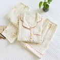thumbnail image 6 of Wang6 Women's Cotton Pajamas Sets 3 Pieces Soft Long Sleeve Button Shirts Elastic Waist Shorts Wide Leg Pants Loose Fit Floral Printed Sleepwear Loungewear Pjs Sets Beige1 XL, 6 of 7