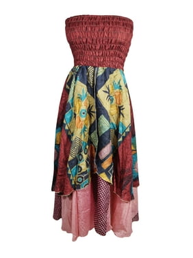 Mogul Women Maroon Long Skirt Printed Dress Recycled Sari Flared Skirt, Hi Low Dresses, Strapless Dress, Two Layer Skirt S/M