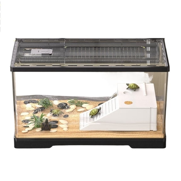 Turtle tank feeding box climbing pet home living room with lid