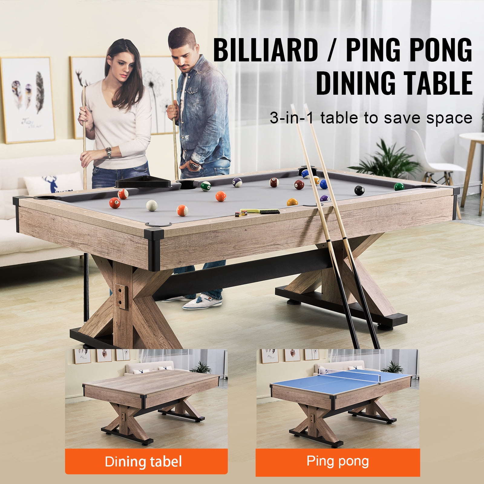 KFFKFF 3-in-1 Game Table, 7ft, Multi-Functional with Pool, Table Tennis, and Dining Options, Complete Accessory Kit Included, Wooden Design with Grey Cover, Ideal for Family Entertainment Space