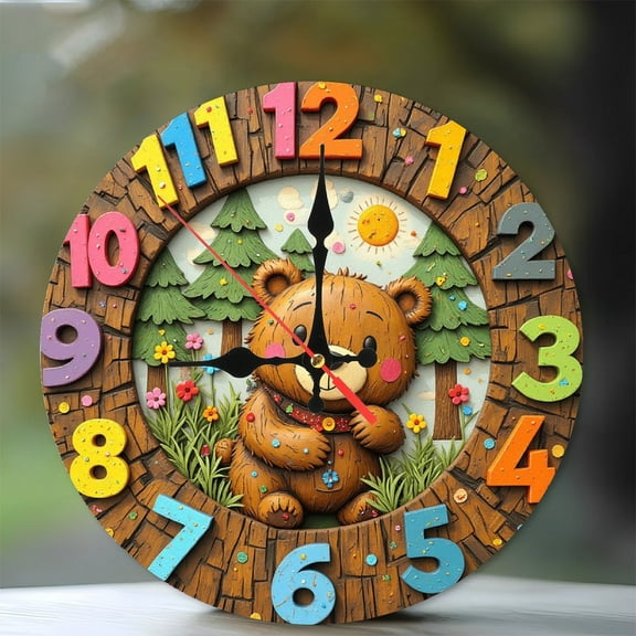 Wooden Bear Wall Clock for Kids Room Decoration 10-Inch Silent Wooden Wall Clock, Battery Operated (AA Batteries Not Included), Artistic Home Decor