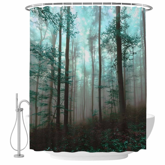 Teal Forest Shower Curtain, Waterproof Shower Curtains for Bathroom, Vintage Foggy Woods Tree Washable Fabric Bathtub Curtain Set Bath Decor with 12 Hooks Long 72"x84"