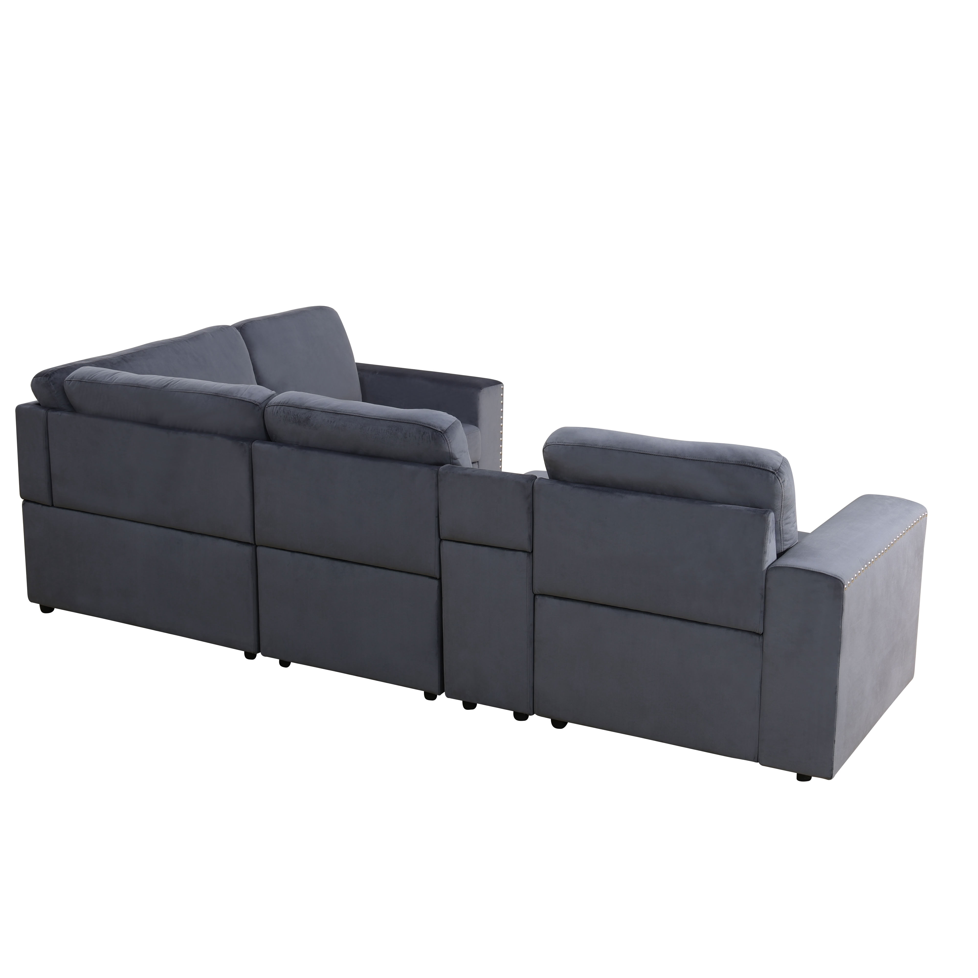 MAYEERTY Modular Corner Sofa, Flocking Fabric Couch with Console & Cup Holders, Dark Grey
