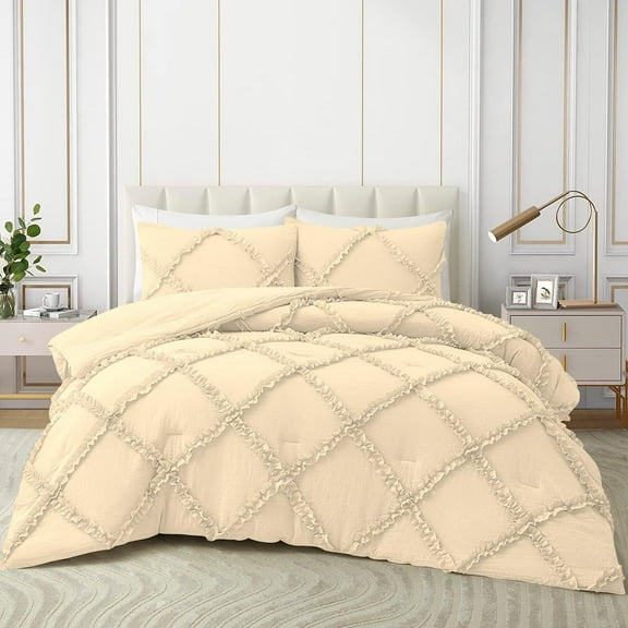 Duvet Cover Diamond Ruffle with Zipper Closure 1 Piece Full/Queen Size (90" x 90") Inches 100% Cotton 800 TC Premium Hotel Class Decorative Bedding with Corner Ties - Ivory Solid