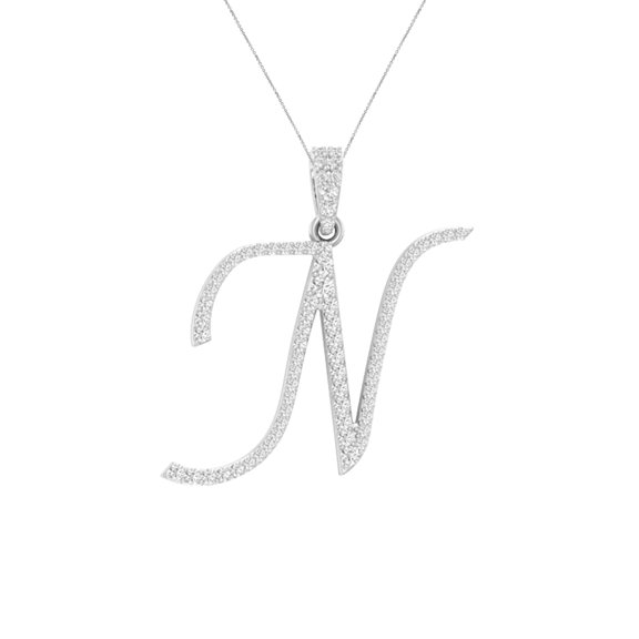 Bling Craft Cursive N Letter Name Pendant Unisex 0.44 Ct Round Moissanite Initial Charm 14k White Gold Plated 925 Sterling Silver (Color D, VVS1)