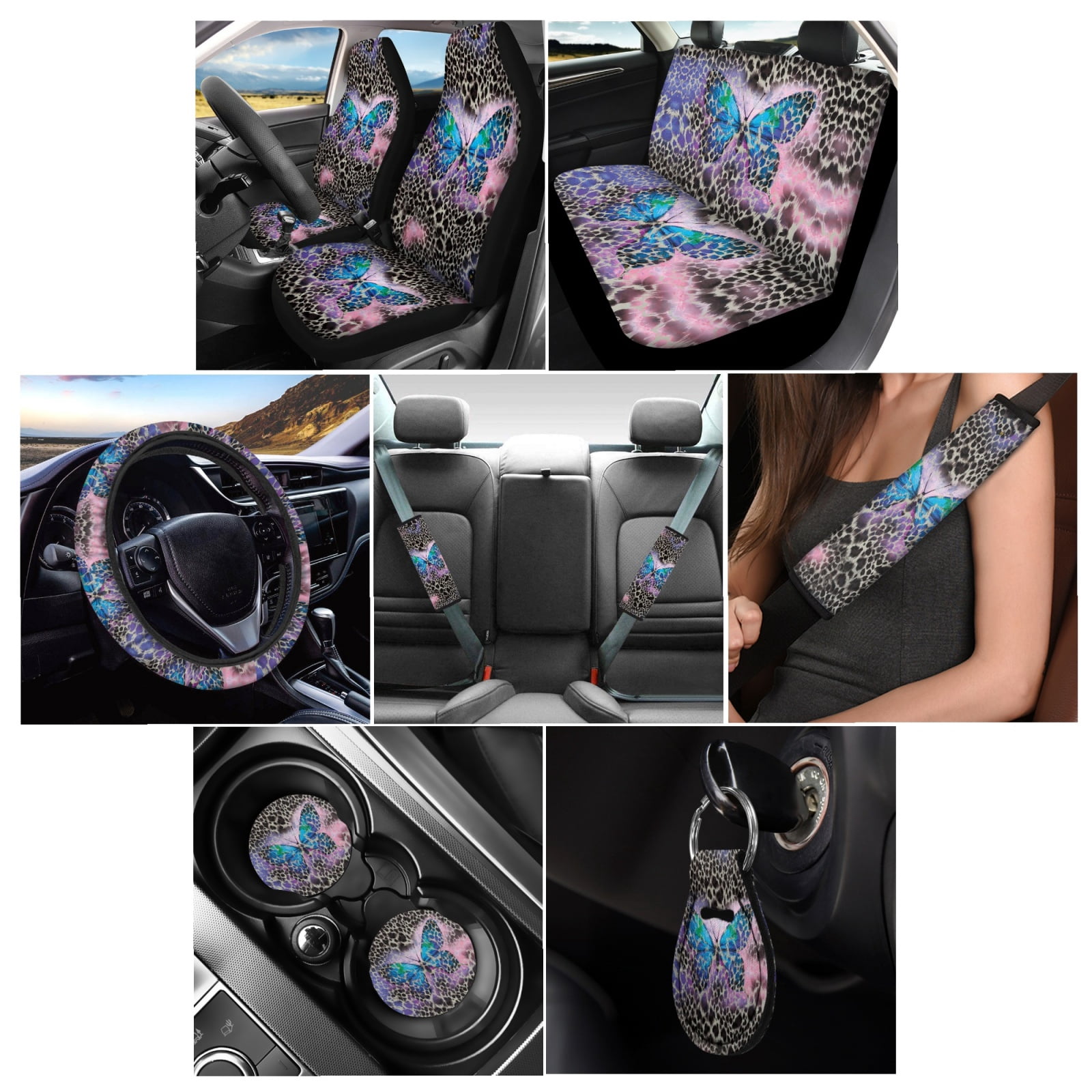 Renewold Blue Butterfly Leopard Print 11 PCS Car Seat Cover Set for Men Women, Breathable Front Rear Seat Protector with Steering Wheel Cover Seat Belt Cover Cup Holder Key Ring Car Accessories