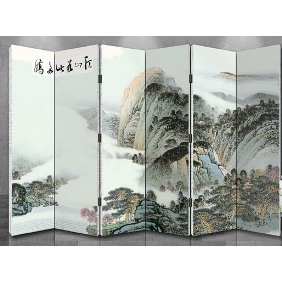 Oriental Style 6-panel Foldable Shoji Screen Room Divider, Chinese Traditional Painting, Mountain in Cloud