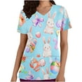 thumbnail image 2 of lcziwo Womens Easter Scrub Tops V Neck Short Sleeve Nurse Workwear Uniforms Funny Bunny Egg Printed Easy Care Scrubs Holiday Outfits Light Blue XL Clearance Sale, 2 of 5