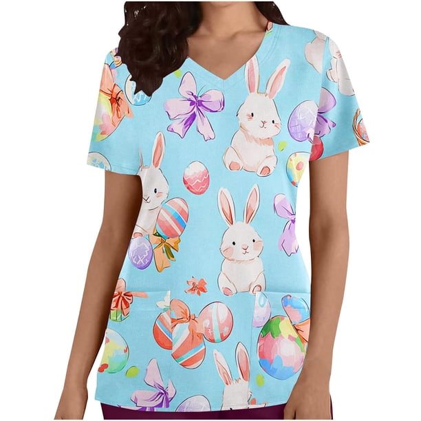 Puntoco Liquidación de blusas cortas para mujer Blusas estampadas para mujer Blusa de trabajo con cuello en V y manga corta con doble bolsillo