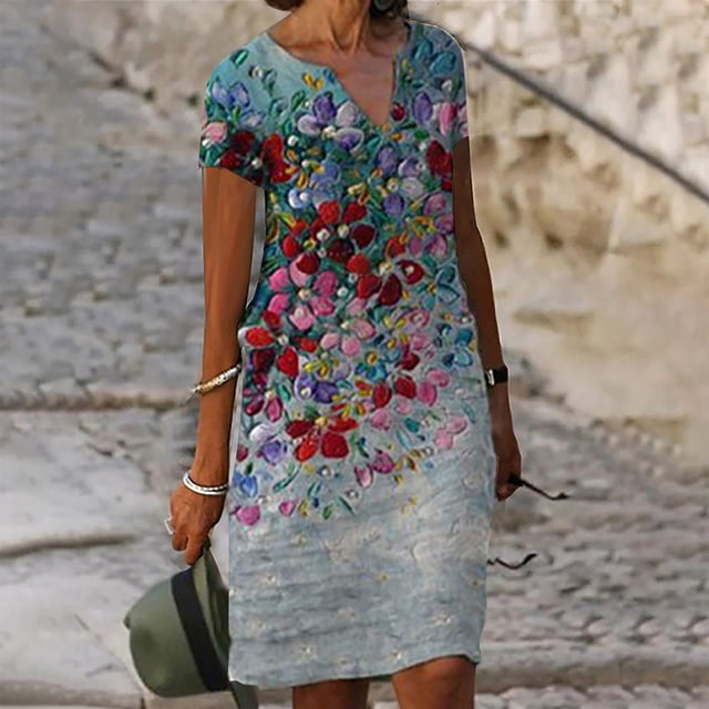 SMihono Robe Bohème d'Été pour Femmes Grande Taille Robes à Manches Courtes pour Femmes Mode Fleurs Imprimées Robe Soleil Taille Col en V Robe Longueur Genou