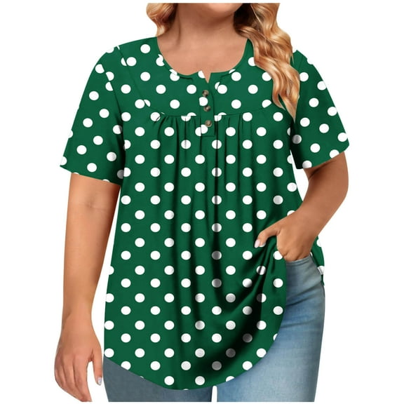 T Shirts for Women Plus Size Short Sleeved Polka Dot Round Neck Button Up Pleated T Shirt Top