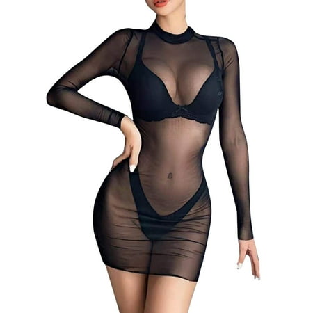 

ZMHEGW Women Beach Mesh Bathing Suit Cover Up Clubwear Robe Lace Lingerie See Through Dresses Underwear