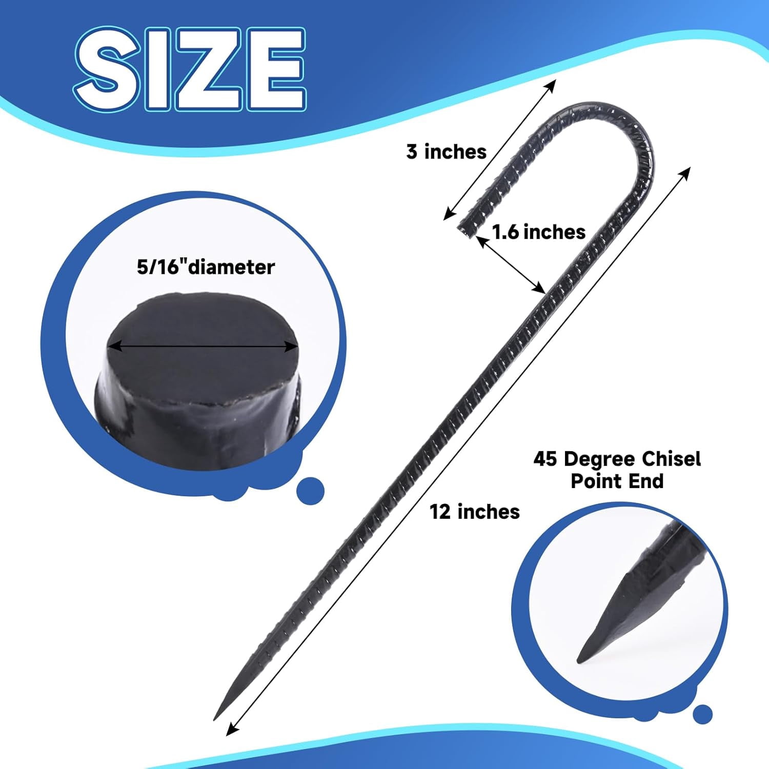 Heavy Duty Rebar Stakes, Galvanized Steel J Hook Tent Stakes for Outdoor Decorations, Inflatables, Fencing, Gardening, Gazebo and Swing Set Anchors
