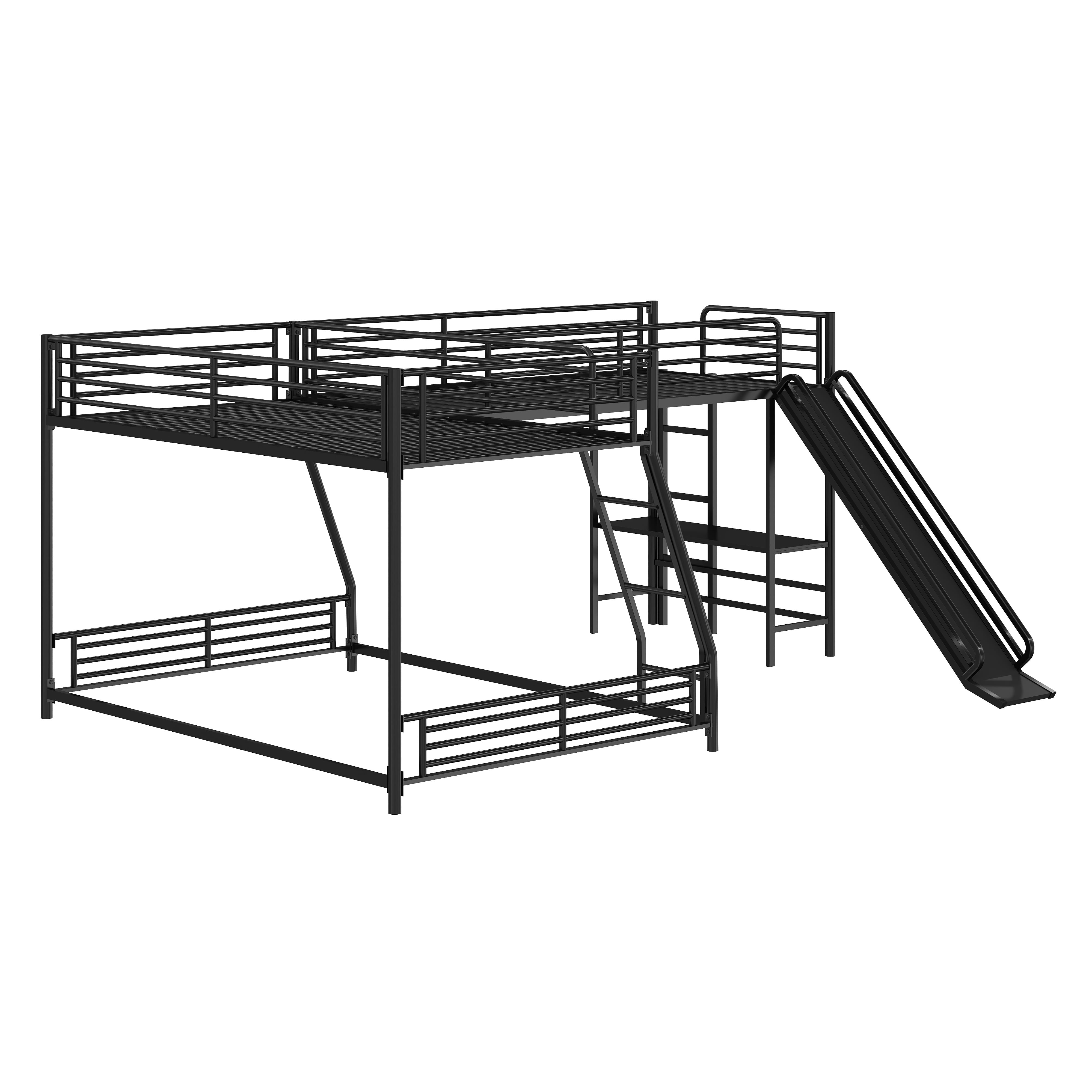 Euroco Metal L-Shaped Twin over Full Bunk and Twin Loft Bed with Desk and Slide for Kids Teens Adults, 3 Beds in 1, Black