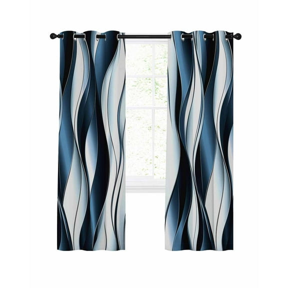 Ombre Blue Lines Blackout Curtains 96 Inches Length, Abstract Water Ripple Gradient Color Window Treatment Thermal Insulated Drapes for Bedroom Living Room 2 Panels 104x96 Inches