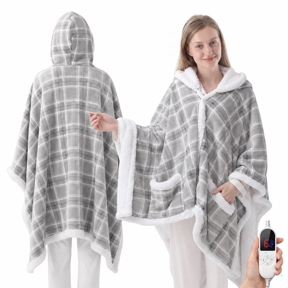 ELEKA Wearable Heated Blanket with Pocket,Electric Blanket with Hoodie,6 Heating Levels,12 Hours Heating Time Settings,Gray Plaid,50"x65"