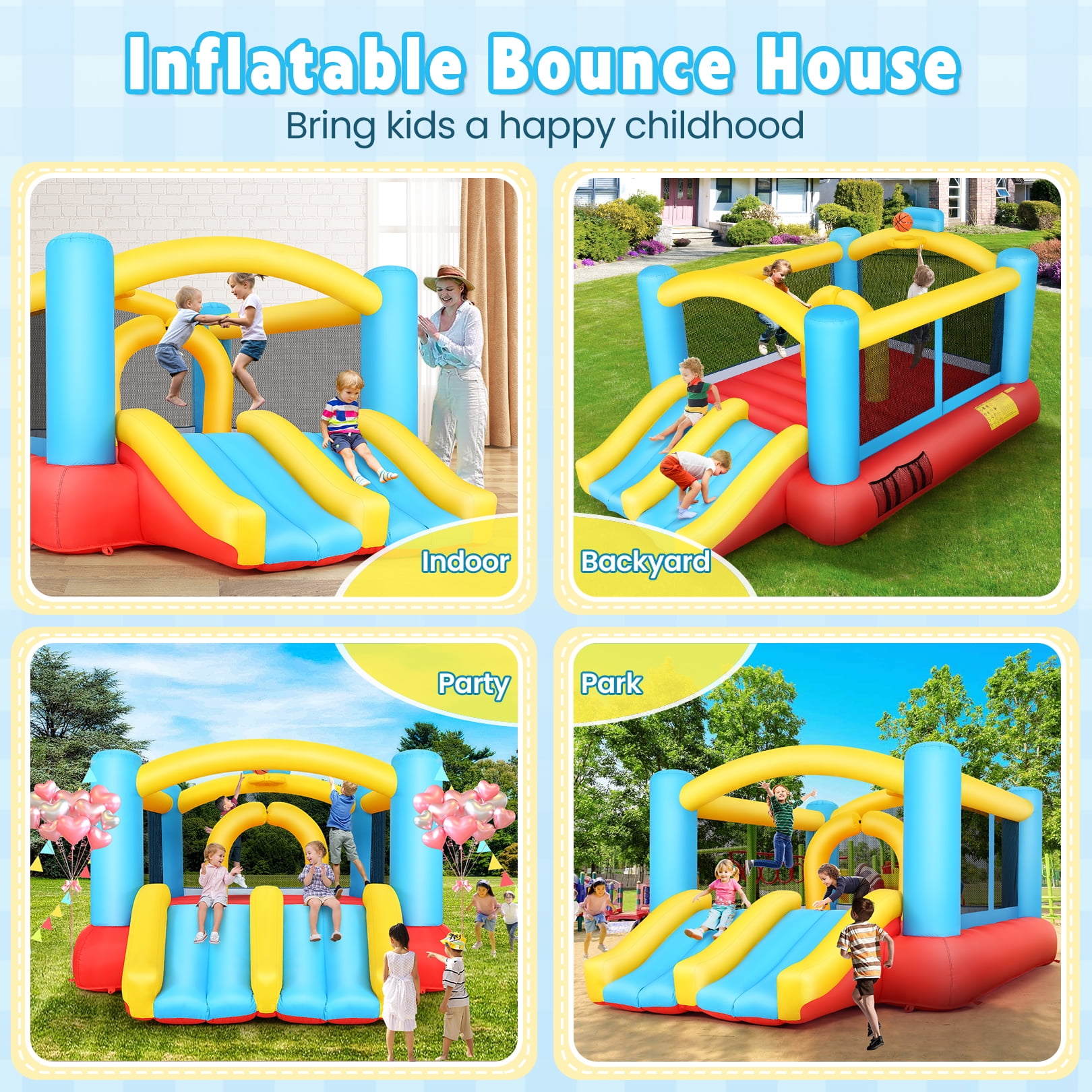 Adnoom Inflatable Bounce House, Children's Indoor/Outdoor Jumping Castle with 470W Blower, Compact Inflatable Bounce Castle with Double Slide, Basketball Hoop for Kids 3-10 Years