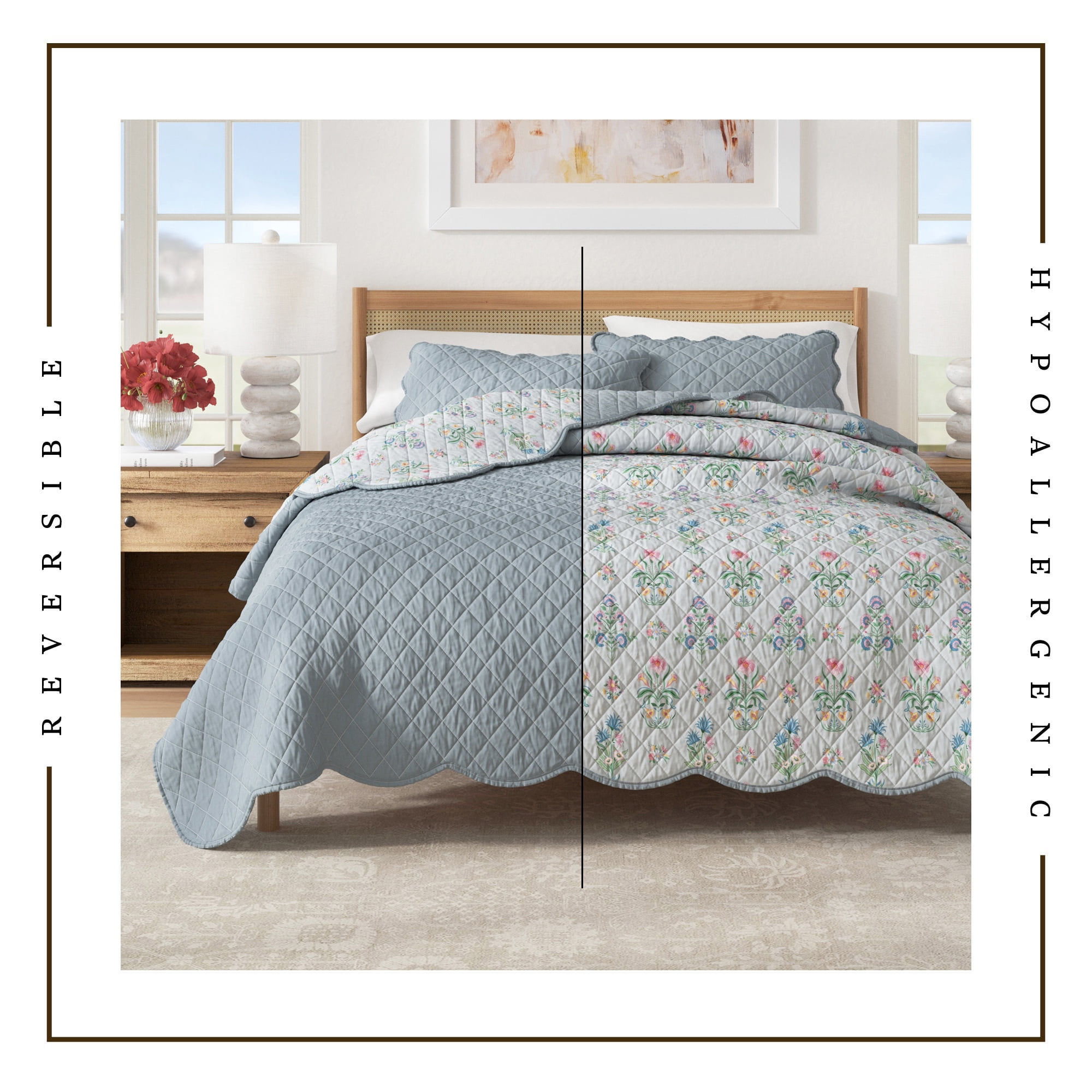 Great Bay Home Reversible Printed Floral Twin / Twin XL Scalloped Quilt and Sham Set