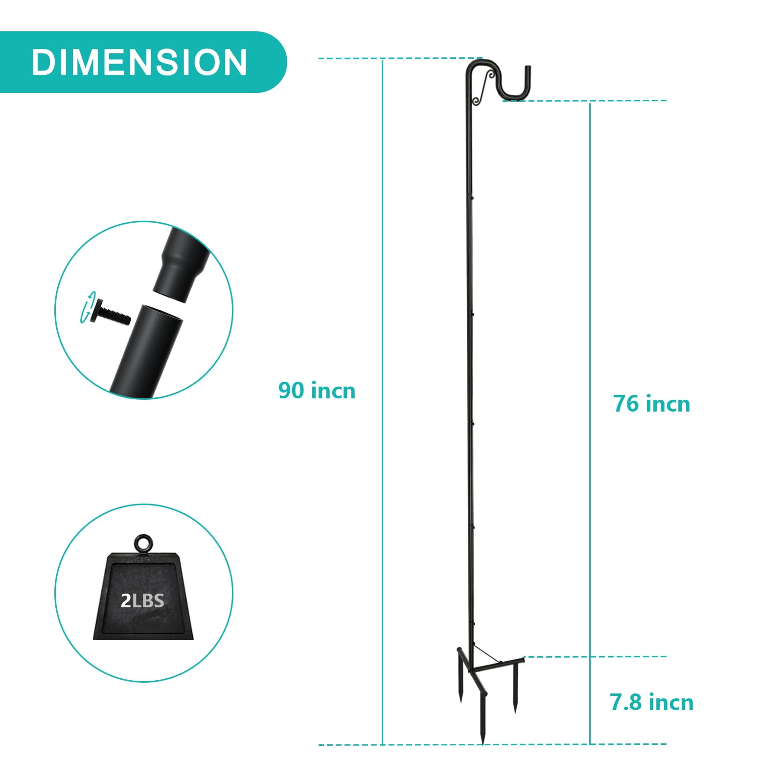 2 Pack 90-Inch Shepherds Hooks for Outdoor, Adjustable Heavy Duty Bird Feeder Pole with 3 Prong Base, Black Plant Hangers for Hanging Baskets, Solar Lights, Wedding Decor