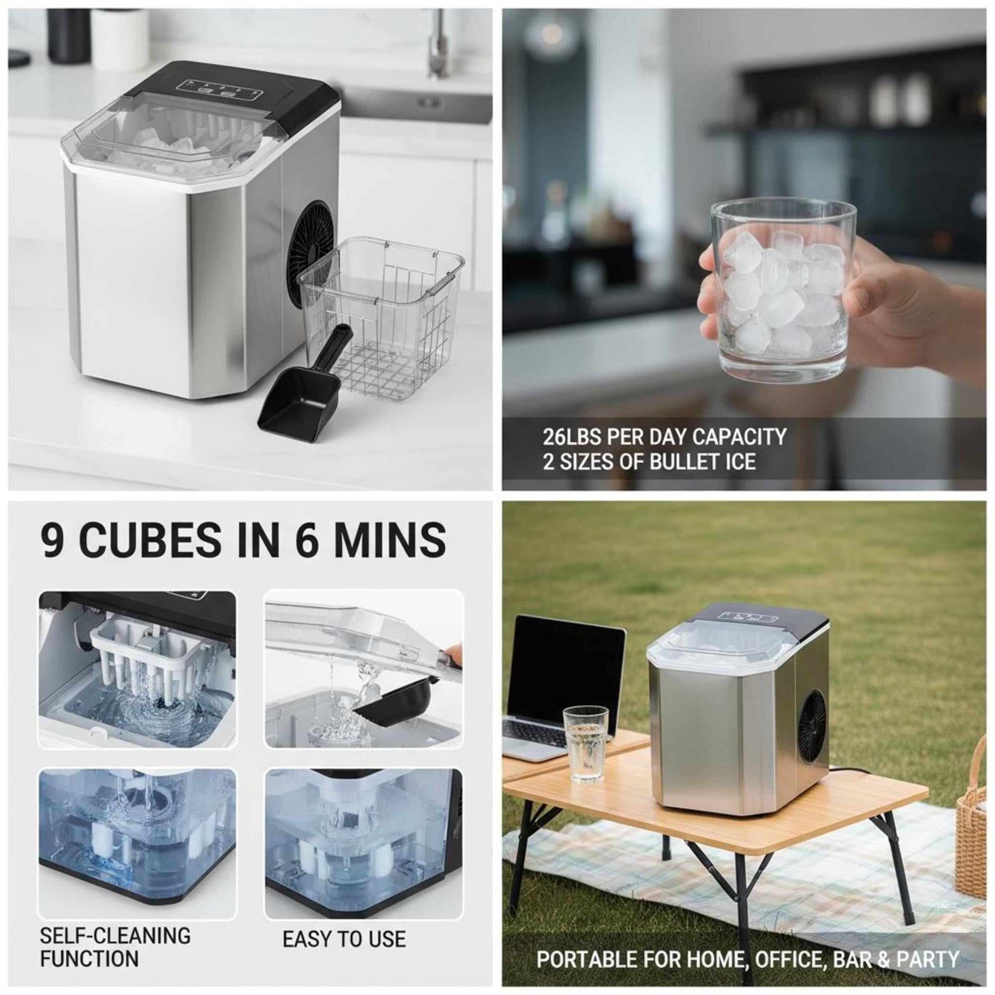 Countertop Bullet Ice Maker, 26 lbs/24H Portable Ice Machine, 9 Cubes Ready in 6 Mins, 2 Ice Sizes, Self-Cleaning Ice Maker with Scoop & Basket, Quiet ≤42dB for Home Kitchen Office Bar Party