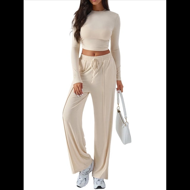 Conjunto Deportivo Y2K de Dos Piezas para Mujer, con Larga, Top Ajustado y Pantalones Anchos, Ideal para y Otoño Albaricoque S