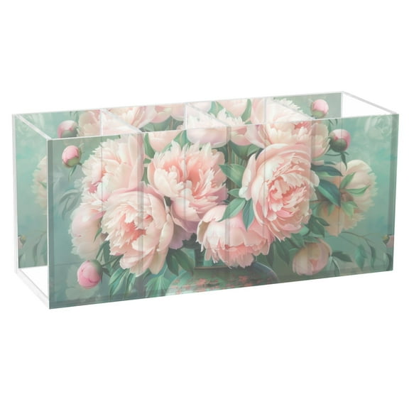 Peonies Bouquet in Vases Acrylic Pencil Pen Holder Cup 4 Compartments Desktop Organiser 7.87"x2.78"x3.54"