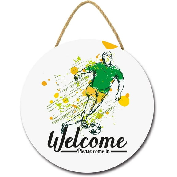 Eveokoki 12" Welcome Soccer Signs for Bar Pub Club Living Room Farmhouse Rustic Round Wooden Hanging Wreaths for Bedroom Wall Decor Housewarming Gift Soccer Lovers Outdoor Indoor