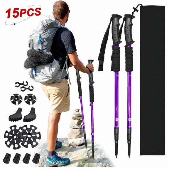 Rongsi Nordic Walking Trekking Poles - 2 Sticks with Anti-Shock and Quick Lock System, Telescopic, Collapsible for Hiking, Camping, Mountaineering, Backpacking, Walking, Trekking, Seniors, Women, Men