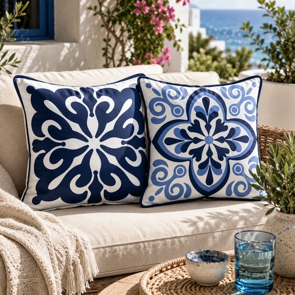 DecorX Waterproof Outdoor Pillow Covers 18x18, Set of 2, Blue & White Coastal Medallion, Hidden Zipper, Covers Only