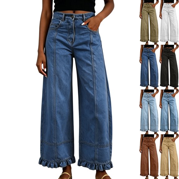 Womens Wide Leg Jeans High Waist Denim Pants Ruffle Hem Casual Streetwear Going out Baggy Solid Color Loose Pants