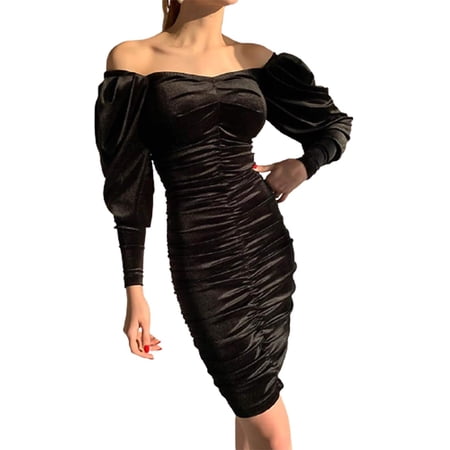 CYiNu Women's Ruched Bodycon Midi Dress - Square Neck, Long Puff Sleeves, Mesh Cocktail Party Dress 3 thumbnail image