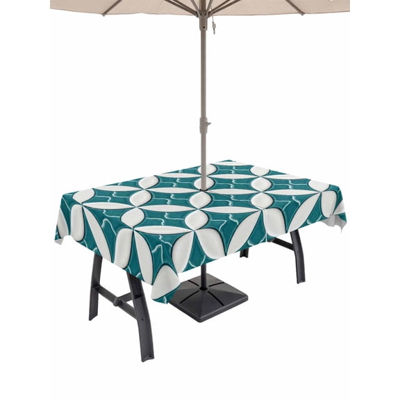 Outdoor Tablecloth with Umbrella Hole for Patio/Picnic/Party/Camping, Abstract Geometric Waterproof Table Cloth Rectangle Table Cover Washable, Vintage Rhombus Circle Texture Green (54"x 80")
